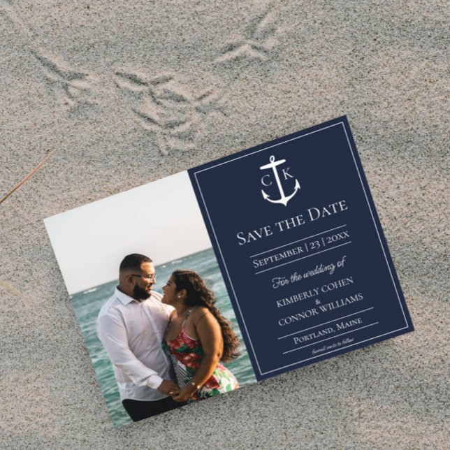 Save The Date Faire part de mariage photo monogramme nautique bl (Navy Nautical Monogram Photo Save the Date)