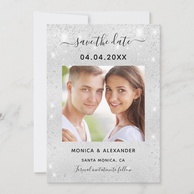 Save The Date Faire part de mariage photo pailleté argenté (Devant)