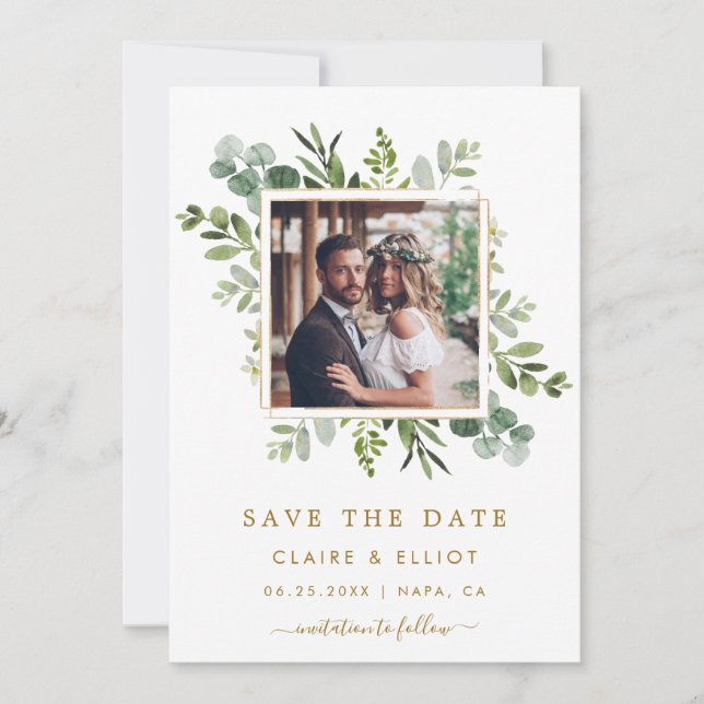 Save The Date Faire part de mariage photo vert or botanique (Devant)