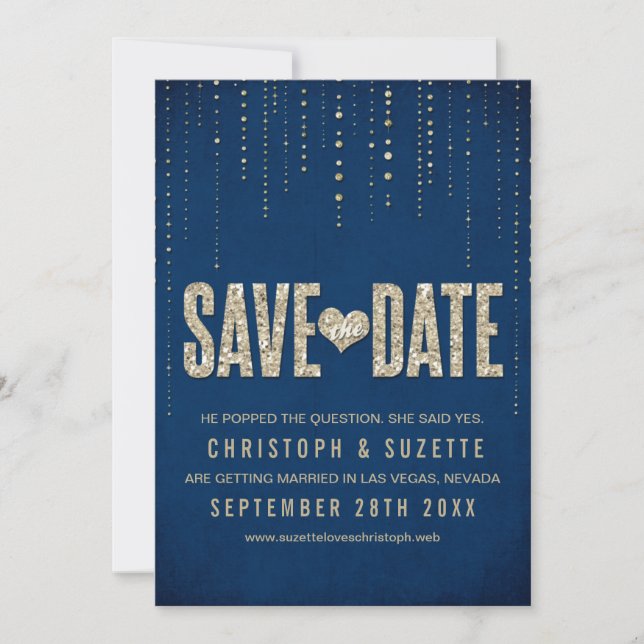 Save The Date Faire part de sauvegarde avec paillettes Navy et O (Devant)