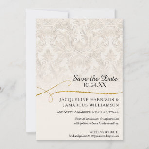 Save The Date Faire part doré à motif damassé ivoire et or