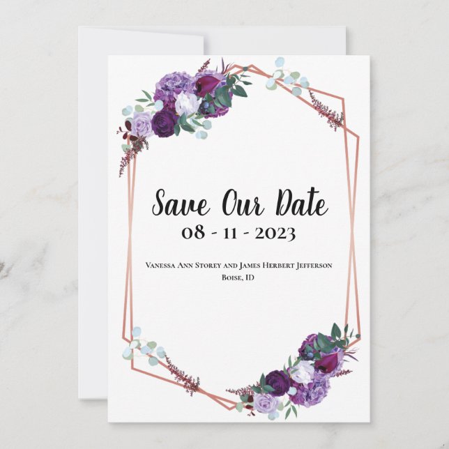 Save The Date Faire part élégant floral violet, Enregistrez la d (Devant)