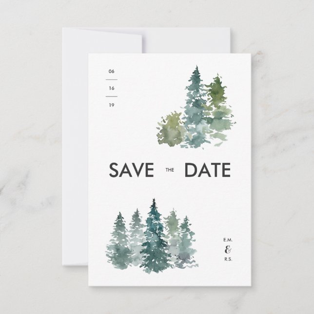 Save The Date Faire part minimaliste aquarelle Pins Rustique (Devant)