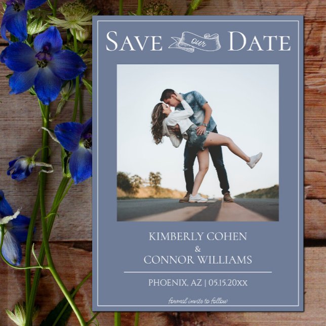 Save The Date Faire part moderne de photo de mariage bleu poussi (Dusty Blue Modern Photo Save the Date)