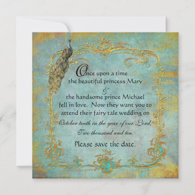Save The Date Fairy Tale Gold Filigree Peacock & Crown (Devant)