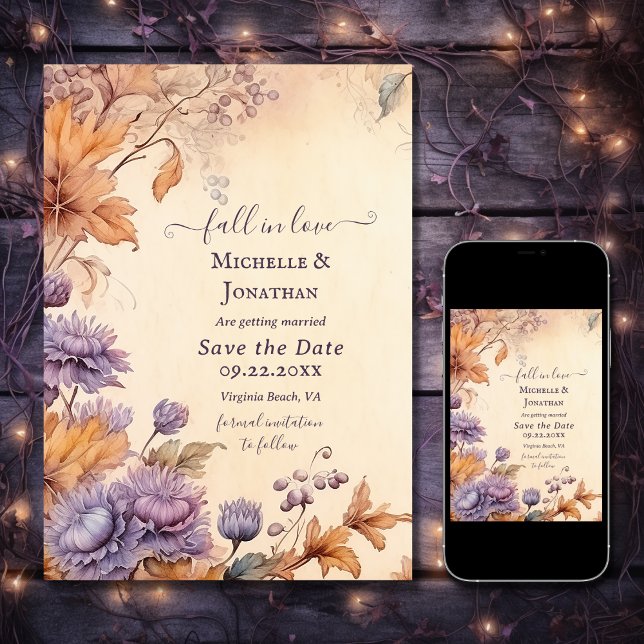 Save The Date Fall in Love Beautiful Automne Mariage de automne  (Printed and Digital - Fall in Love Beautiful Autumn Vintage Fall Wedding Save The Date)