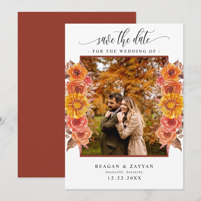 Save The Date Fall Terracotta Floral Photo Enregistrer La Date (Devant / Derrière)