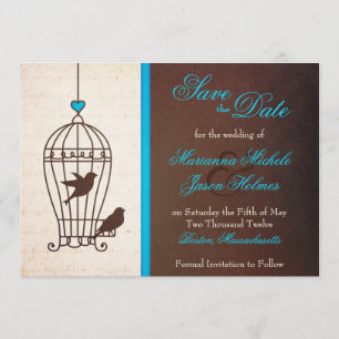 Save The Date Fanciful Bird Cage Turquoise & Chocolat Enregistre