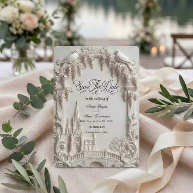 Save The Date Faux 3D Embossed Relief Cream Baroque Cathedral (Créateur téléchargé)