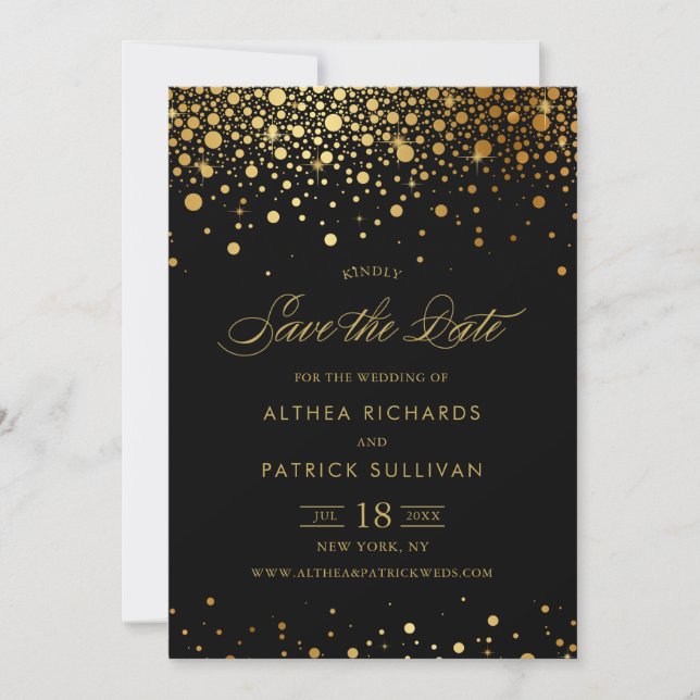 Save The Date Faux confettis dorés | Enregistrez la date - Noir (Devant)