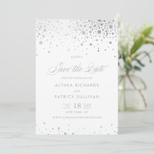Save The Date Faux Confettis Ronds en Feuille d'Argent Mariage (Debout devant)