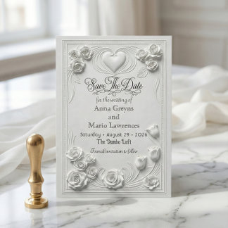 Save The Date Faux Embossed White Rose Relief