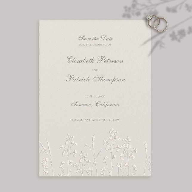 Save The Date Faux Fleurs sauvages Embossés Ecru Mariage formel (formal traditional wedding save the date faux embossed wildflowers elegant modern classic ecru)