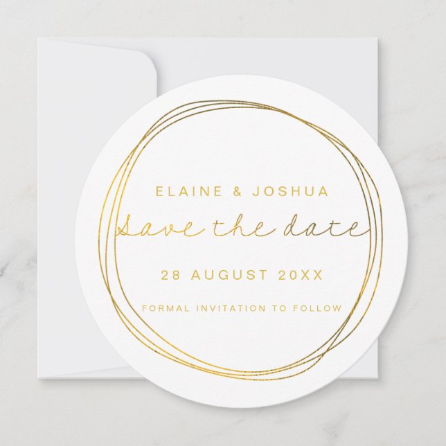Save The Date Faux Gold Abstrait Scribble Circle Blanc & Or (Devant)