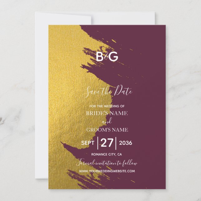 Save The Date Faux Gold Brushstrokies & Bourgogne avec Monogramm (Devant)