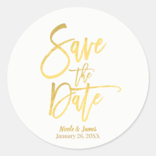 Save the Date Faux Gold Foil Modern Script Favour Classic Round Sticker
