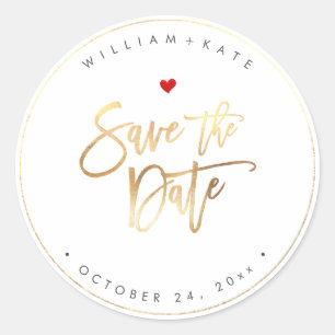 Save the Date, Faux Gold Modern Script Classic Round Sticker