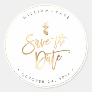 Save the Date, Faux Gold Pineapple Classic Round Sticker