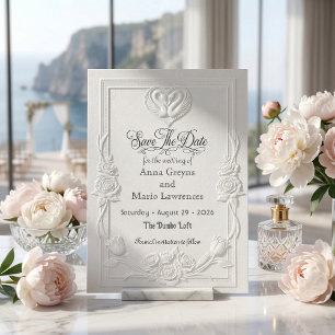 Save The Date Faux Letterpress Blanc Cygne Baroque Élégant