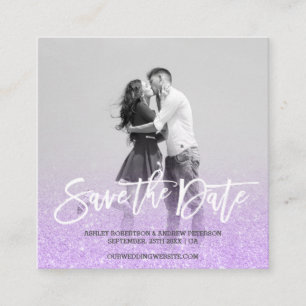 Save the Date faux Purple lavender glitter photo Square Business Card