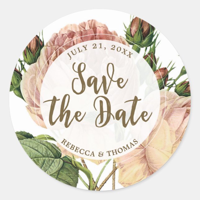 save the date favour sticker vintage pink roses (Front)