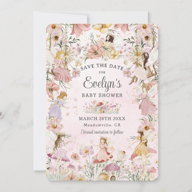 Save The Date Fées de Whimsical Baby shower Fleur Jardin Pré (Devant)