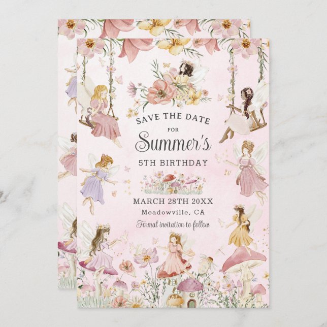 Save The Date Fées Whimsical Anniversaire Fleur Jardin prairie (Devant / Derrière)