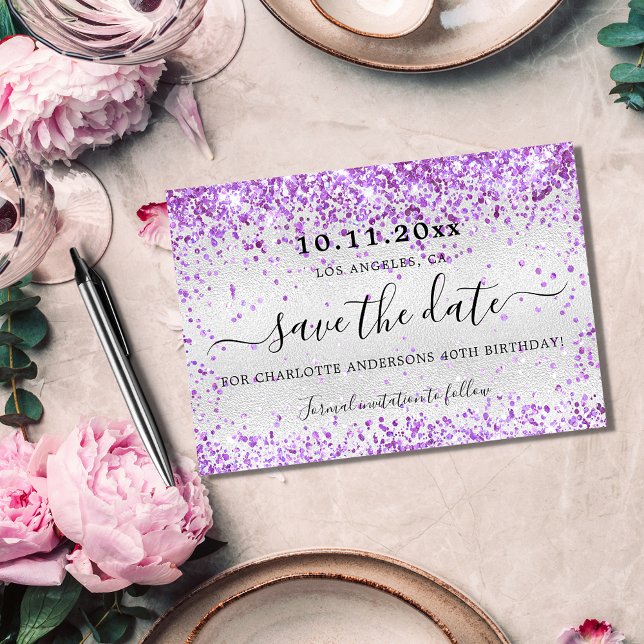Save The Date Fête d'anniversaire argent violet violet parties s (Créateur téléchargé)