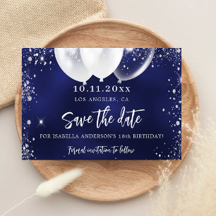 Save The Date fête d'anniversaire bleu marine ballons blancs