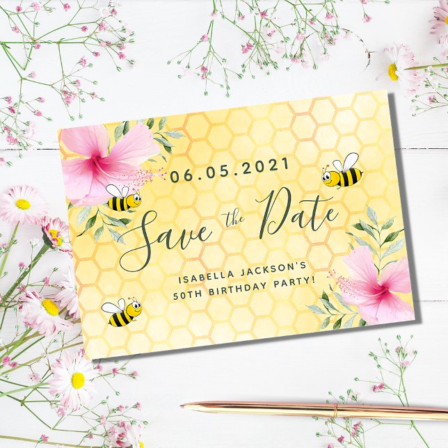 Save The Date Fête d'anniversaire florales roses abeilles nid d' (Créateur téléchargé)