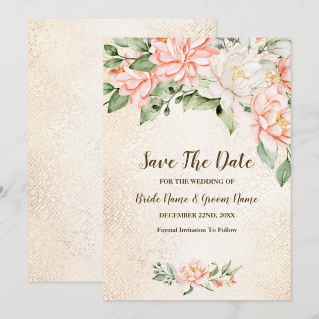 Save The Date Fête de mariage Aquarelle Pêche Fleur blanche Enre (Devant / Derrière)