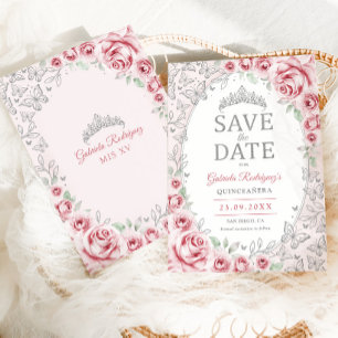 Save The Date Fête de Quinceañera florale argent rose