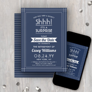 Save The Date Fête de Retraite Surprise Chut ! Bleu Nuit et Blan