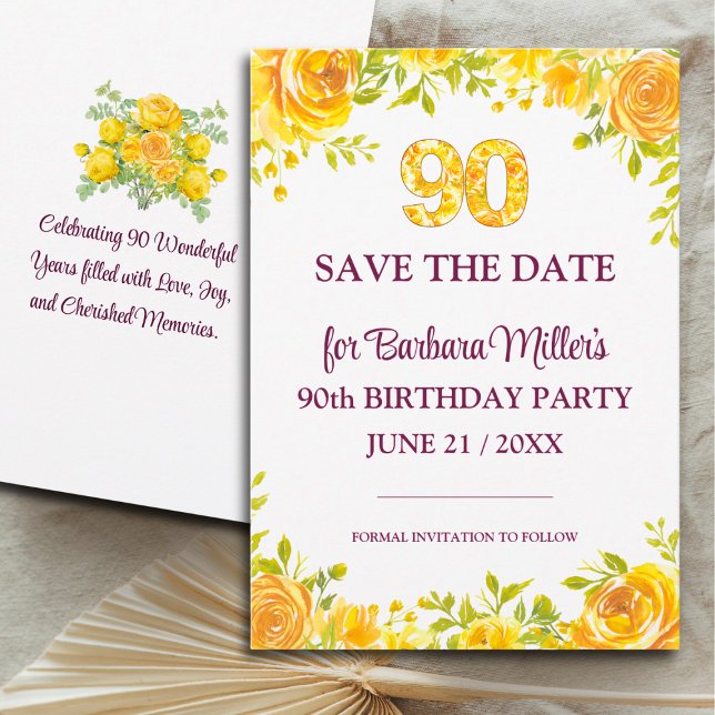 Save The Date Fête du 90e anniversaire - Roses jaunes 90 ans (Créateur téléchargé)