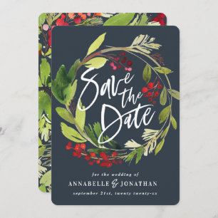 Save The Date feuillage botanique d'hiver vert rouge aquarelle s