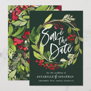 Save The Date feuillage botanique d'hiver vert rouge aquarelle s