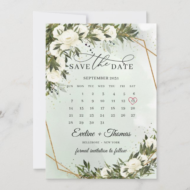 Save The Date Feuillage d'olivier vert roses blanches calendrier (Devant)
