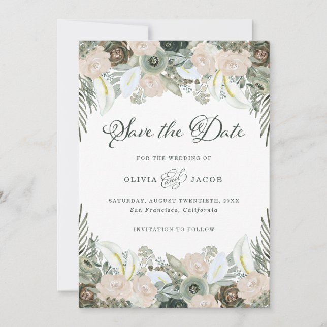 Save The Date Feuillage et floral | Mariage vert Sage (Devant)