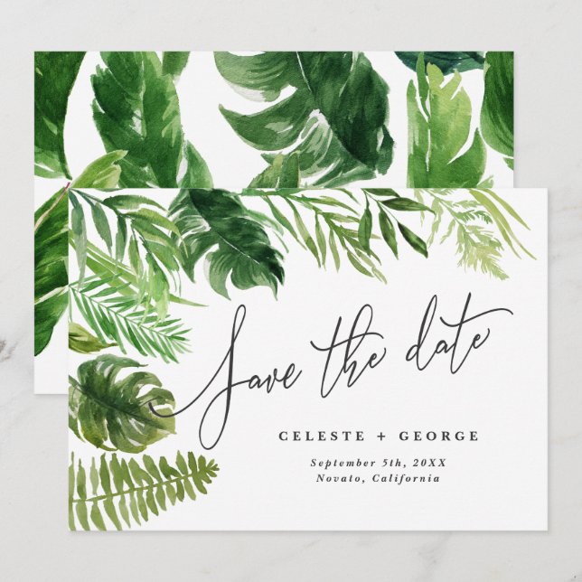 Save The Date Feuillage floral aquarelle tropicale, enregistrez  (Devant / Derrière)