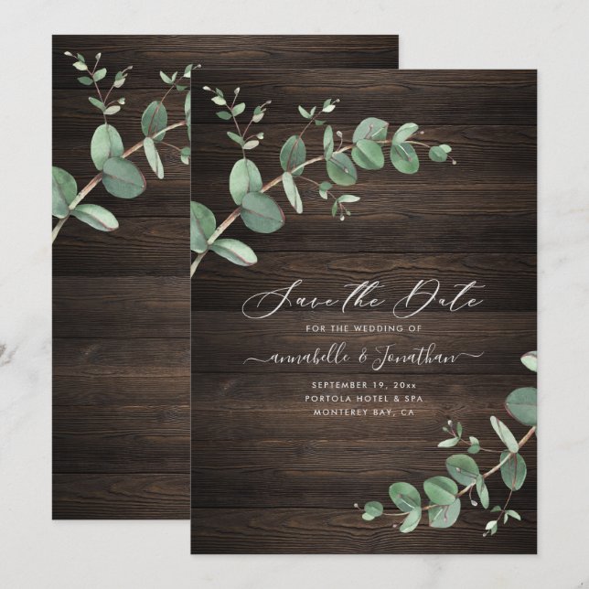 Save The Date feuillage vert Eucalyptus bois rustique foncé élég (Devant / Derrière)