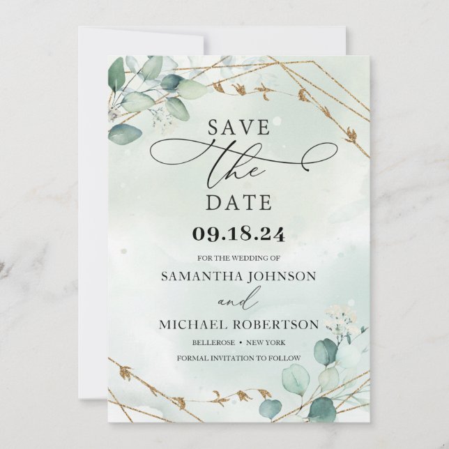 Save The Date Feuillage vert eucalyptus feuille faux cadre or (Devant)