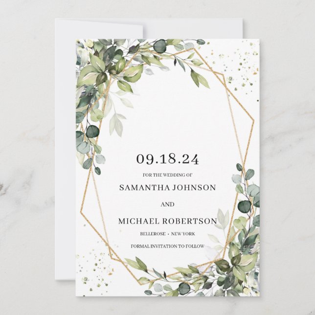 Save The Date Feuillage vert eucalyptus feuille or géométrique (Devant)