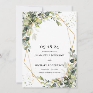 Save The Date Feuillage vert eucalyptus feuille or géométrique