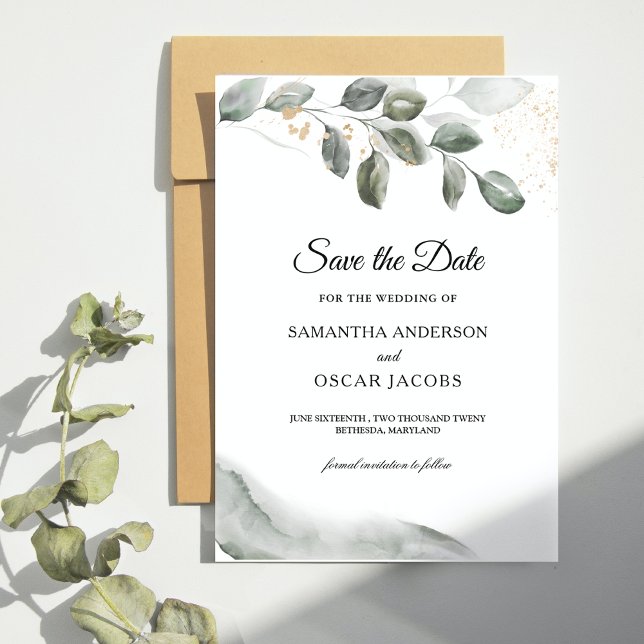 Save The Date Feuille d'aquarelle verte douce | Poussière d'or (Créateur téléchargé)