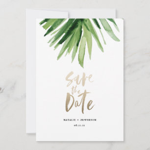Save The Date Feuille de palme tropicale et écriture d'or