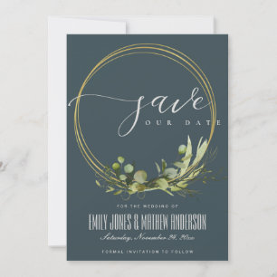 SAVE THE DATE FEUILLE VERTE GRIS RUSTIQUE FEUILLAGE DORÉ AQUAREL