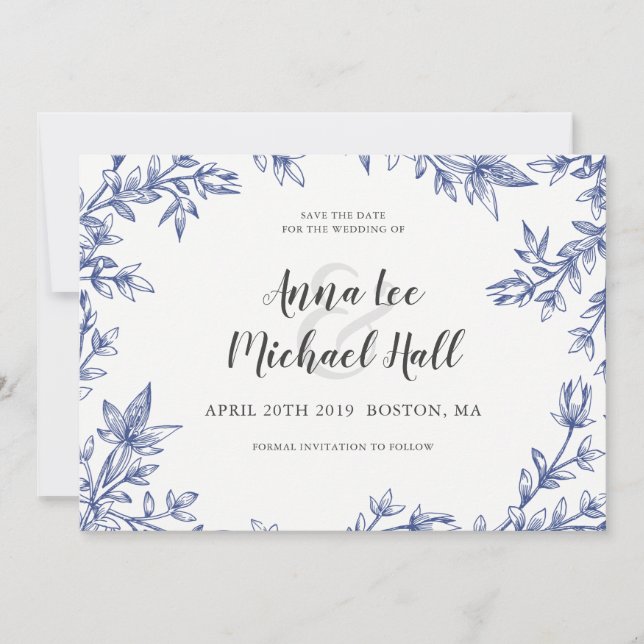 Save The Date Feuilles Bleus et Blancs Mariage personnalisé Enre (Devant)