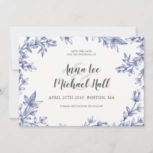 Save The Date Feuilles Bleus et Blancs Mariage personnalisé Enre