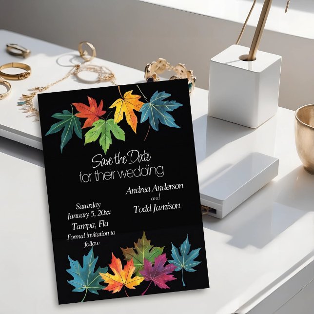 Save The Date Feuilles d'automne contraste noir mariage (Créateur téléchargé)