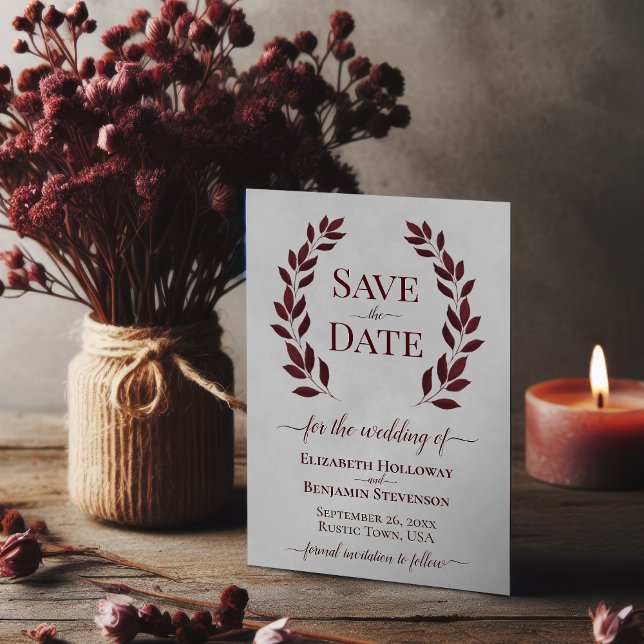 Save The Date Feuilles de Burgundy Laurel sur Grey Elegant Weddi (Créateur téléchargé)